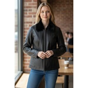 Jacqueline Ferrar Black Genuine Leather Fur Collar Jacket Women XL Tall